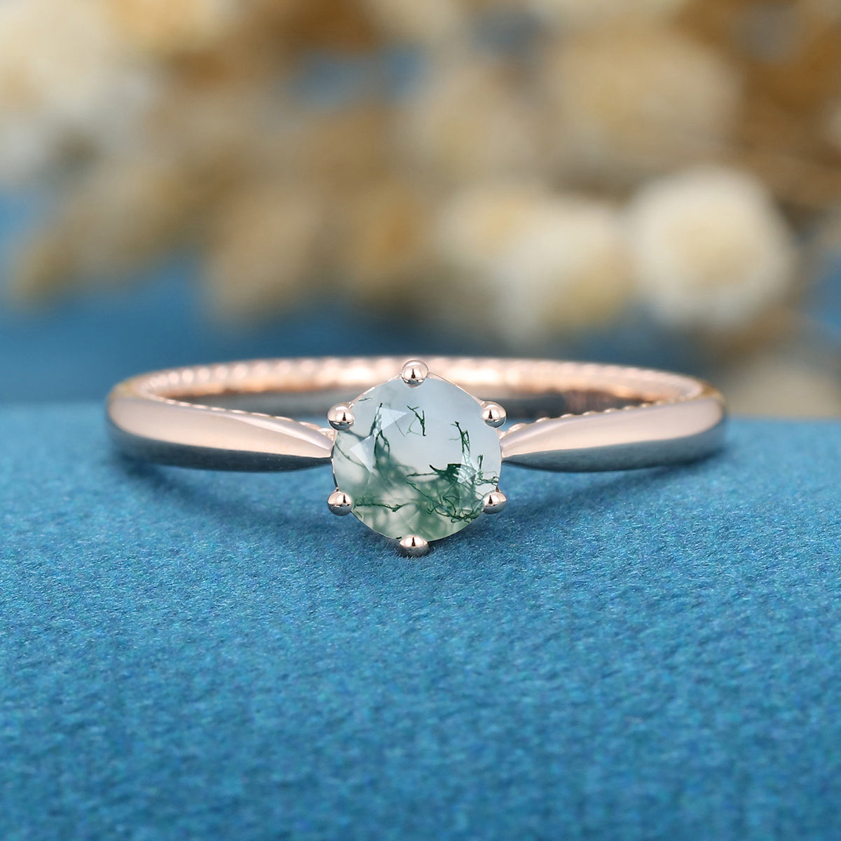 Round Cut Natural Green Moss Agate Engagement Ring 