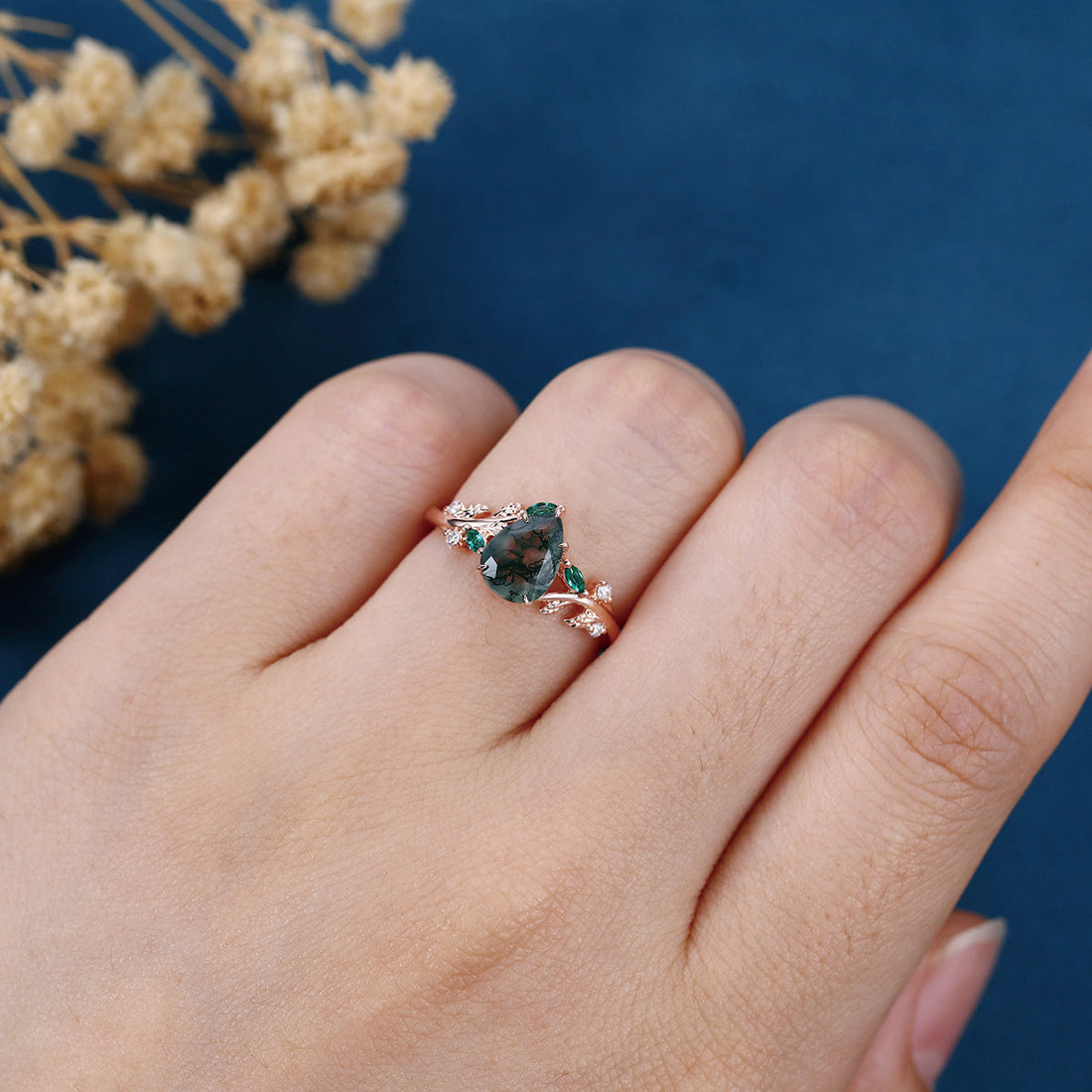 Pear cut Moss Agate + Lab Emerald Engagement Ring