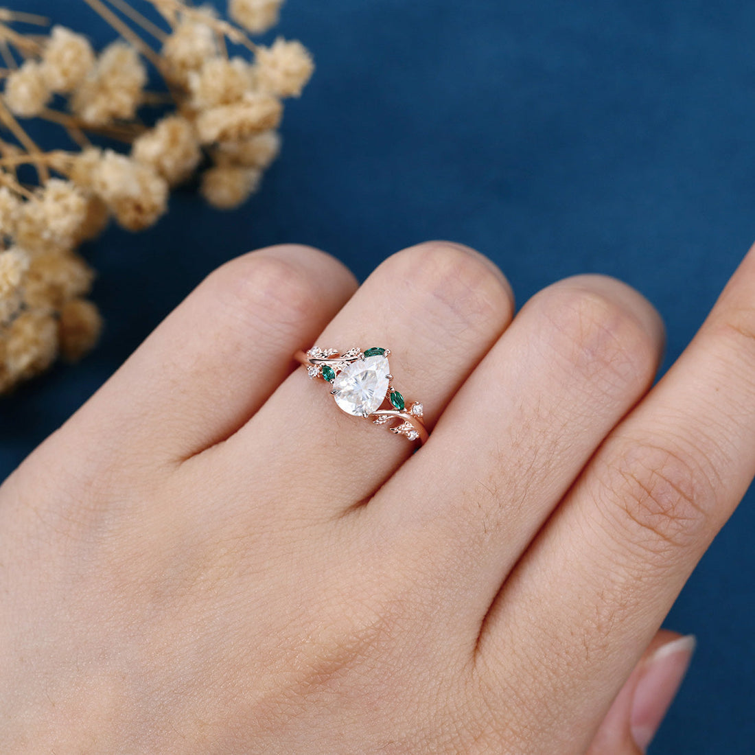 Pear cut Moissanite Engagement ring + Lab Emerald Engagement Ring