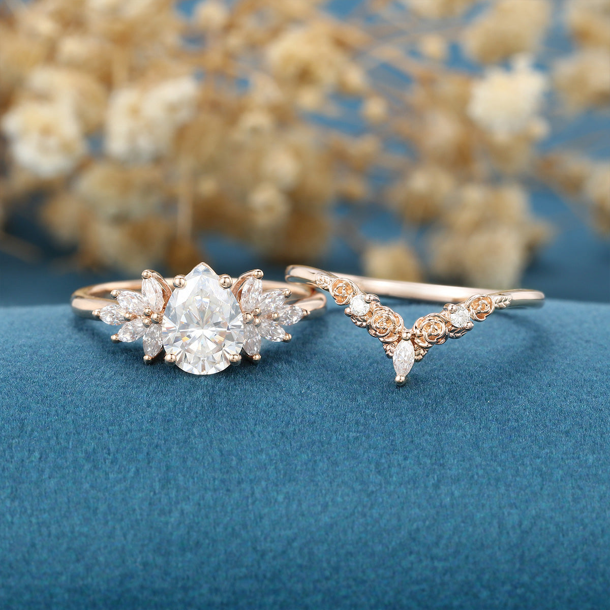 1.2Carat Pear cut Moissanite Engagement Ring Cluster diamonds Rose Gold Wedding Bridal Set