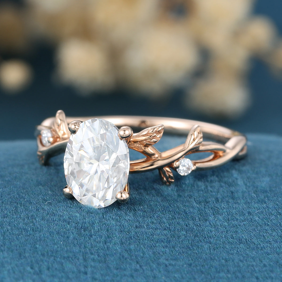 Nature Inspired Oval cut Moissanite Leaf Gold Engagement Ring