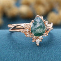 1.2Carat Pear Cut Moss Agate Cluster Engagement ring Bridal Set