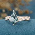 Kite Cut Natural Green Moss Agate Cluster Engagement Ring 