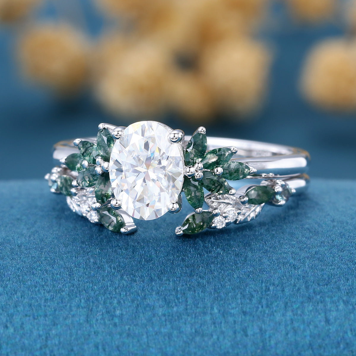 Vintage Oval cut Moissanite + Moss agate Wedding Bridal Set