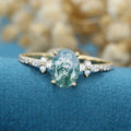 Oval Cut Natural Green Moss Agate Cluster Engagement Ring