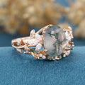 3.0Carat Oval Cut Moss Agate Rose gold leaf vine Marquise cut Moss+Moissanite Curve Wedding Band Set