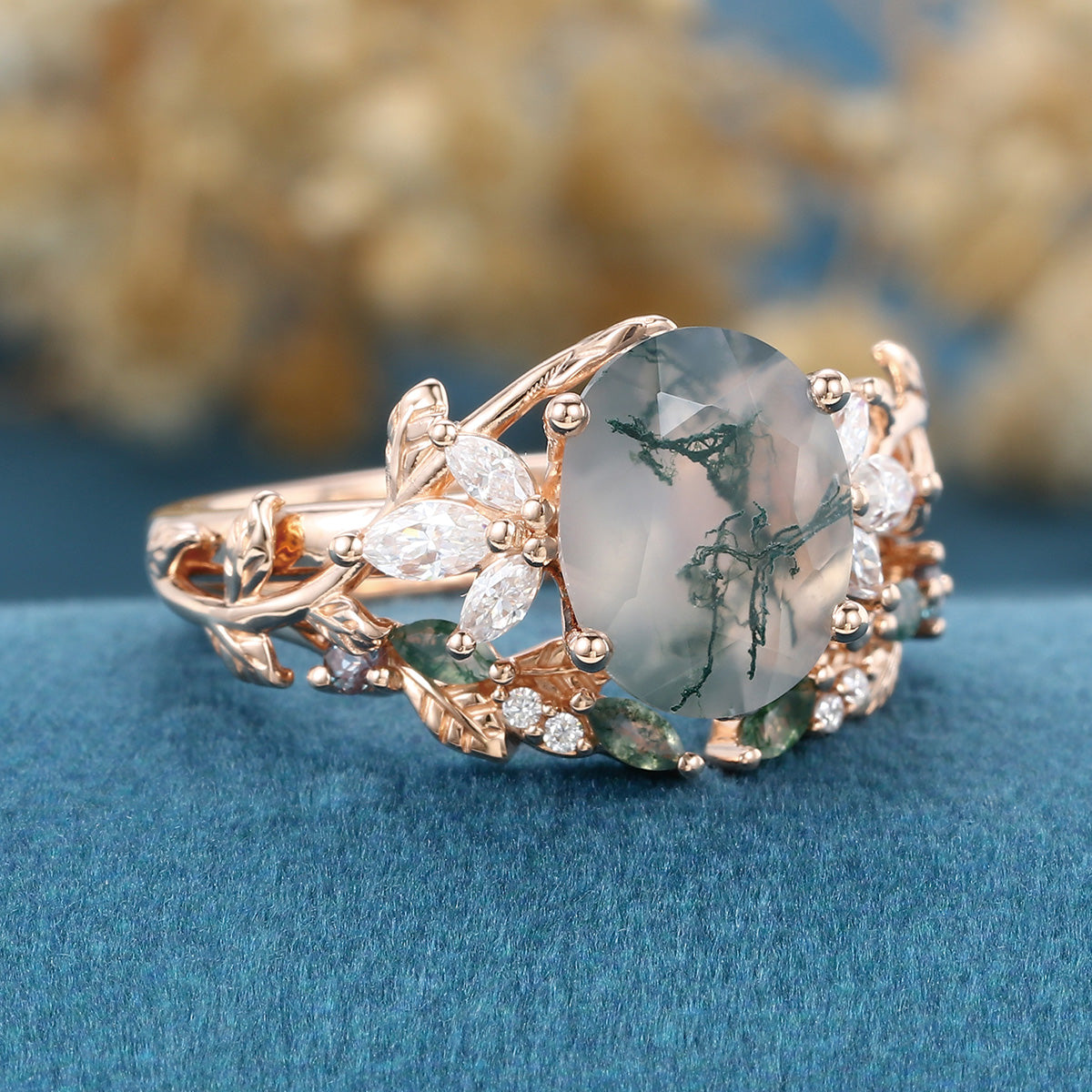 3.0Carat Oval Cut Moss Agate Rose gold leaf vine Marquise cut Moss+Moissanite Curve Wedding Band Set