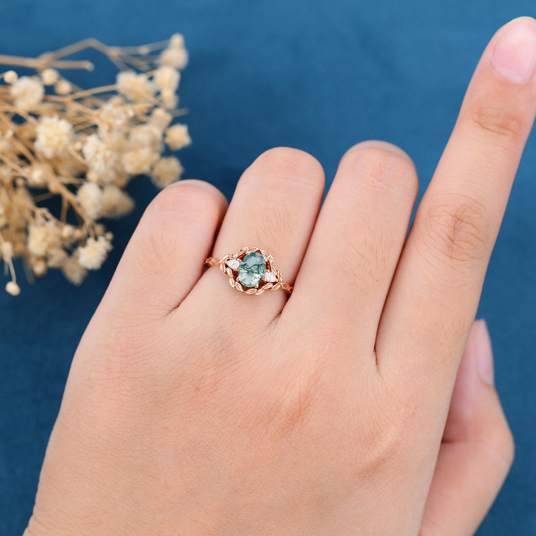 Nature Inspired Oval cut Moss Agate Leaf Gold ring set