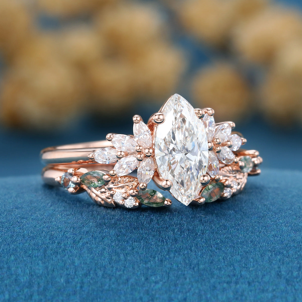 Marquise cut Lab grown Diamond  Engagement ring +Moss agate Wedding Bridal set