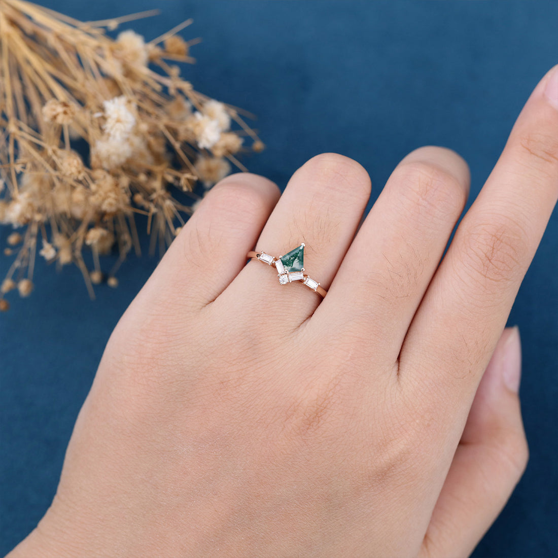 Kite Cut Natural Green Moss Agate Cluster Engagement Ring