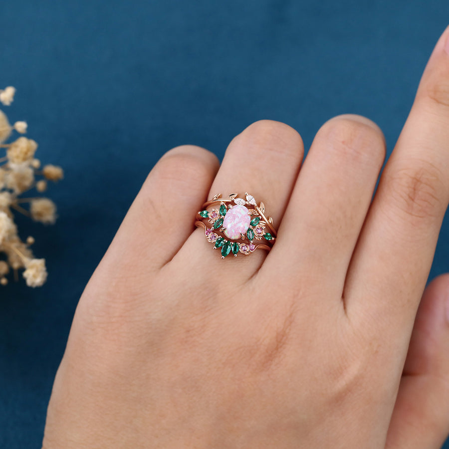 Oval cut Lab Pink Opal Rose Gold Matching Moissanite | Lab Grown Emerald |  Natural Pink Sapphires  Rose Gold Wedding Bridal Set