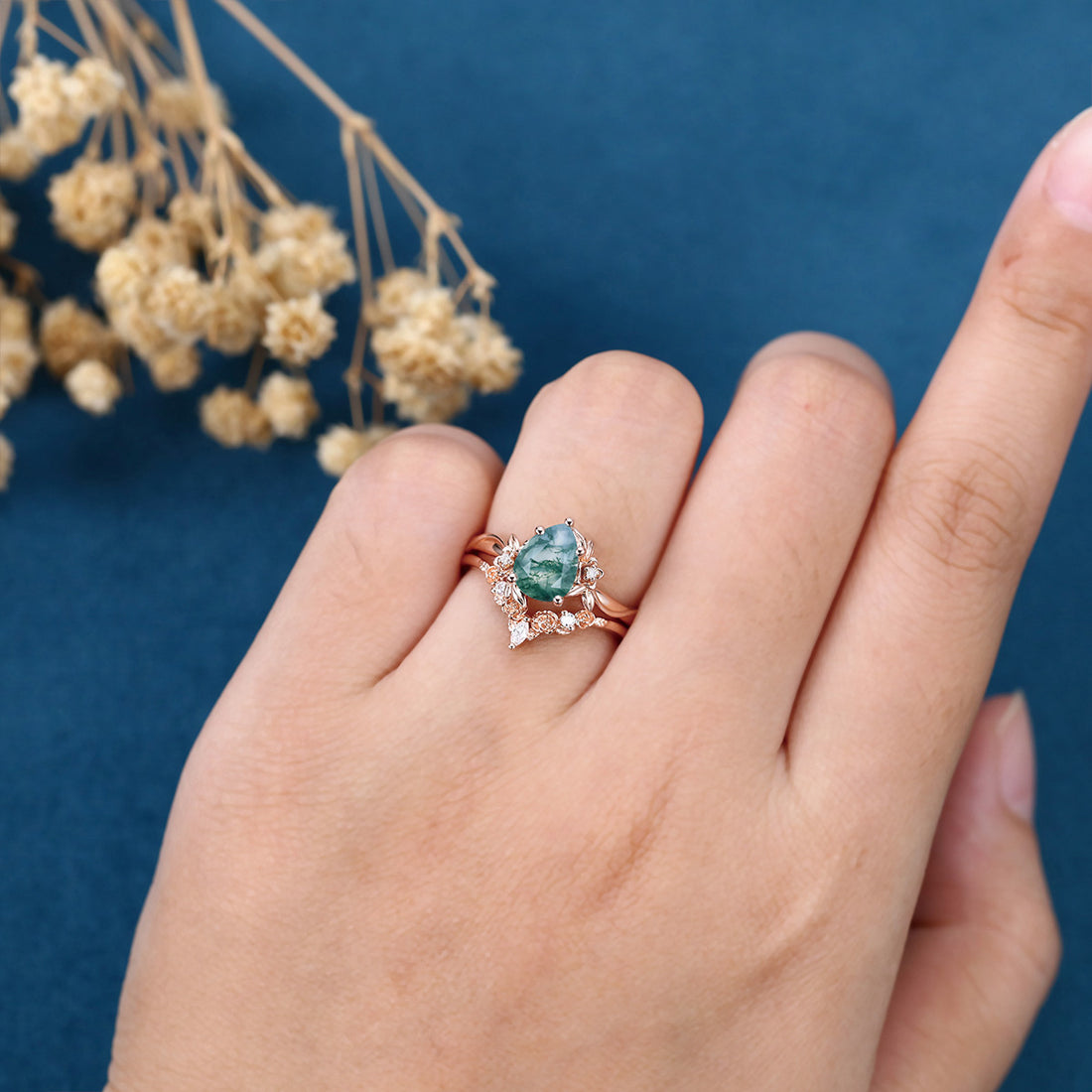 1.2Carat Pear Cut Moss Agate Cluster Engagement ring Bridal Set