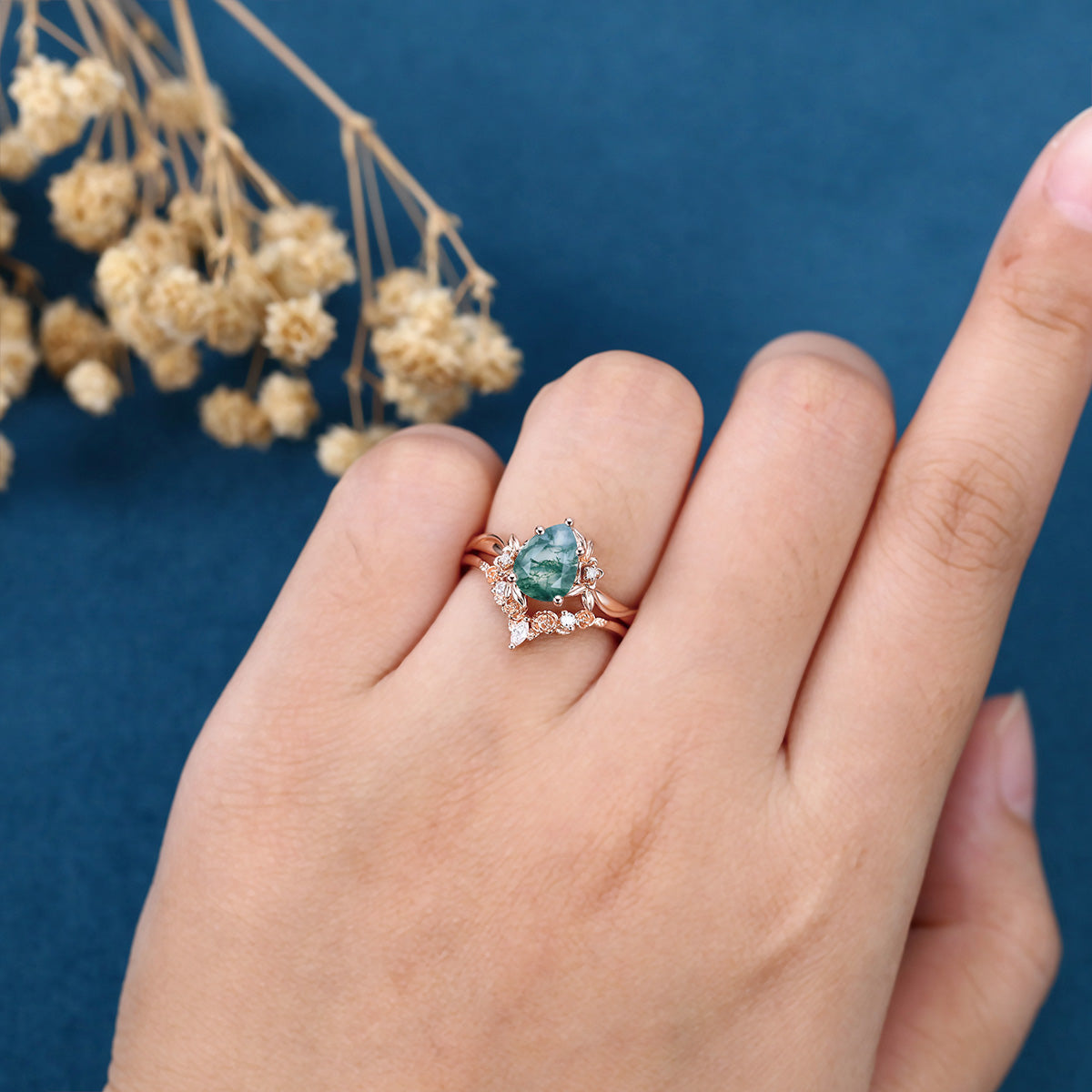 1.2Carat Pear Cut Moss Agate Cluster Engagement ring Bridal Set