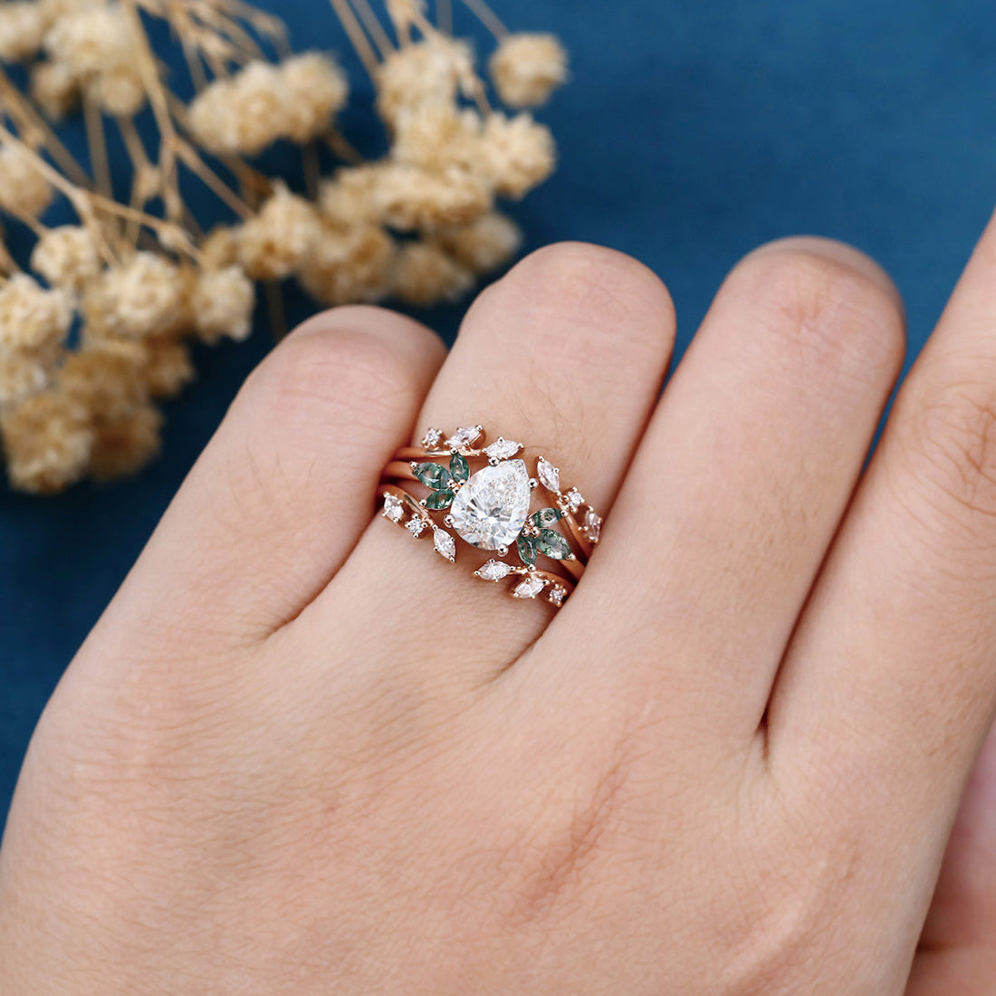 Pear cut Lab Grown Diamond + Moss agate Wedding bridal set