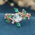 Nature Inspired Round cut Moissanite | Natural Emeralds Gold Engagement Ring