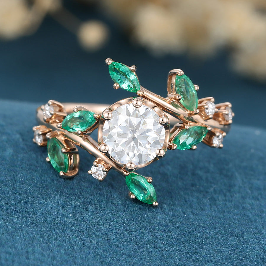 Copy of Nature Inspired Round cut Moissanite | Natural Emeralds Gold Engagement Ring