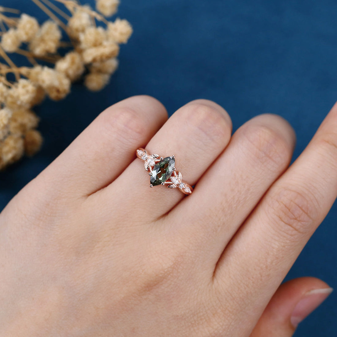 Marquise cut Lab Blue Green Sapphire Engagement Ring