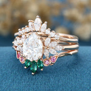 Pear cut Moissanite Rose Gold Matching Diamonds | Lab Grown Emerald Wedding bridal set