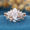 1.0Carat Marquise Cut Moissanite Engagement Ring set Rose Gold Moonstone Wedding Bridal Set