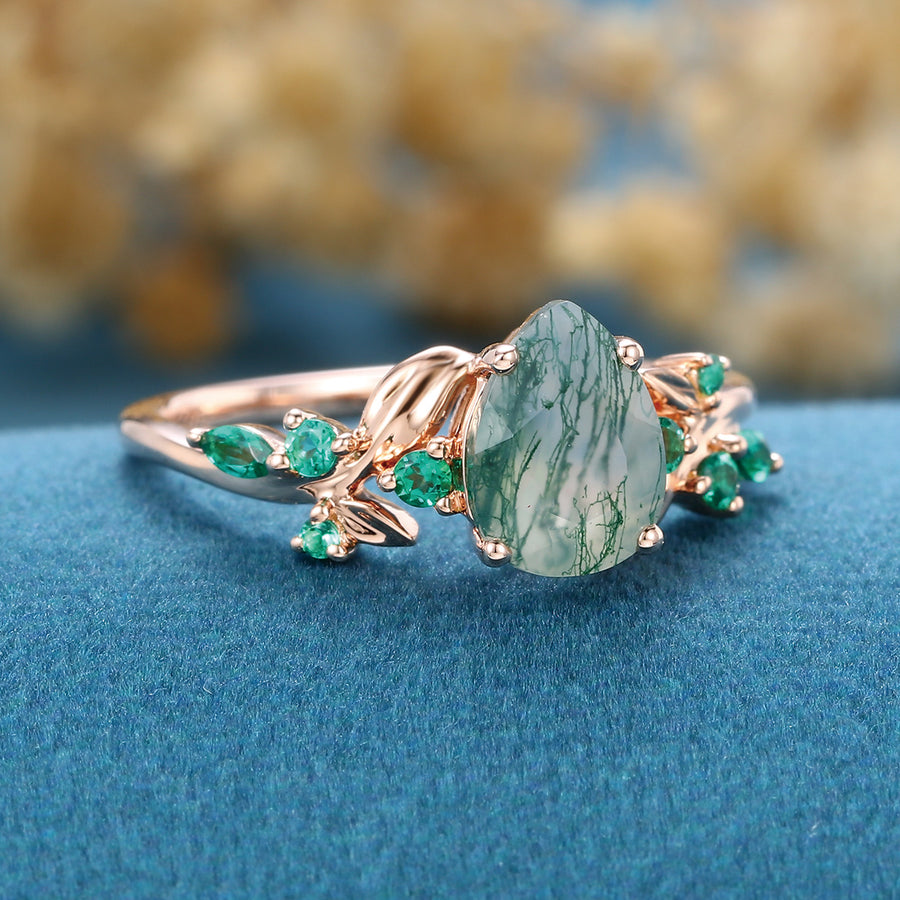 Pear cut Moss Agate Matching Lab Emeralds Gold Engagement Ring