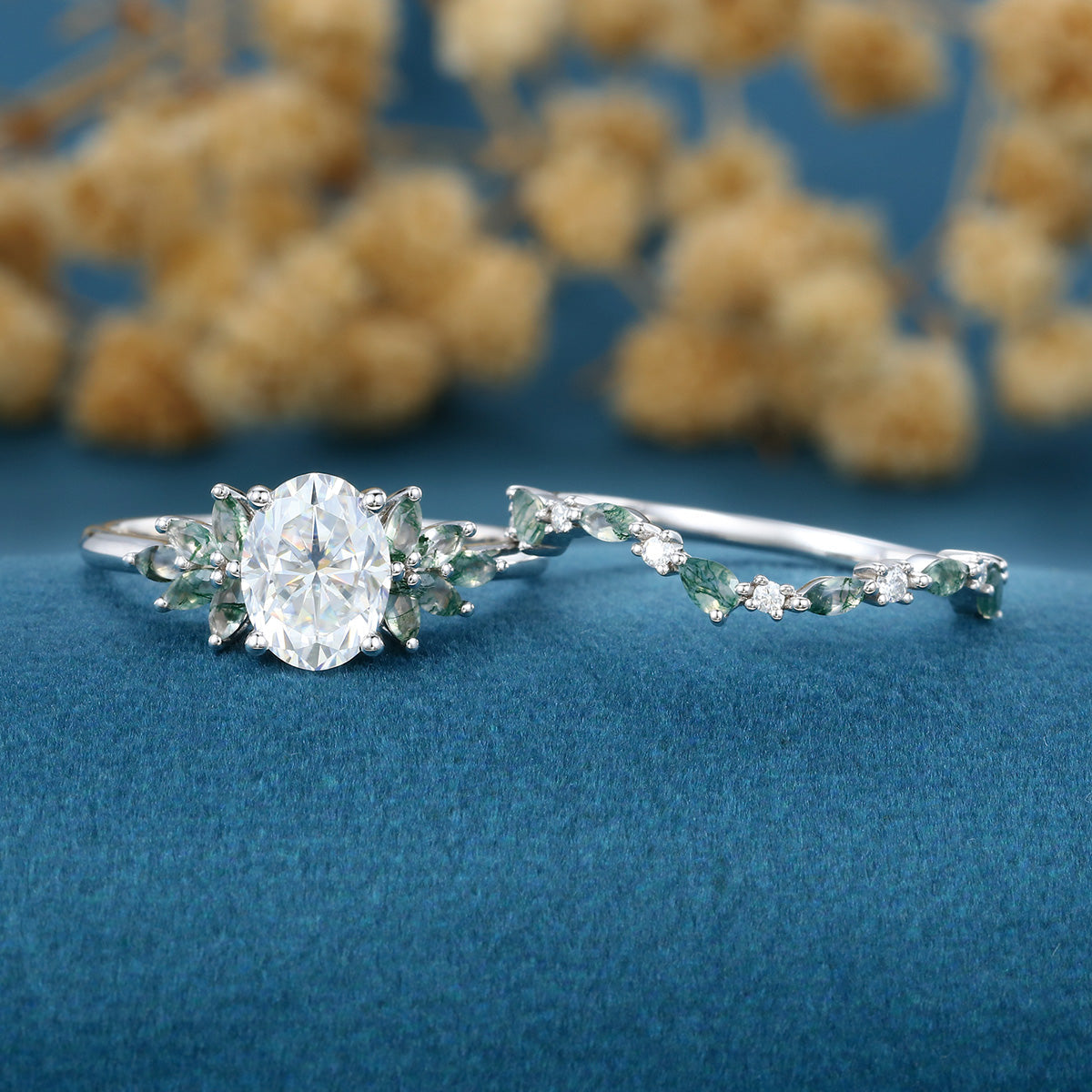 Oval cut Moissanite+ Opal Engagement ring Moss agate Wedding Bridal set (Copy)