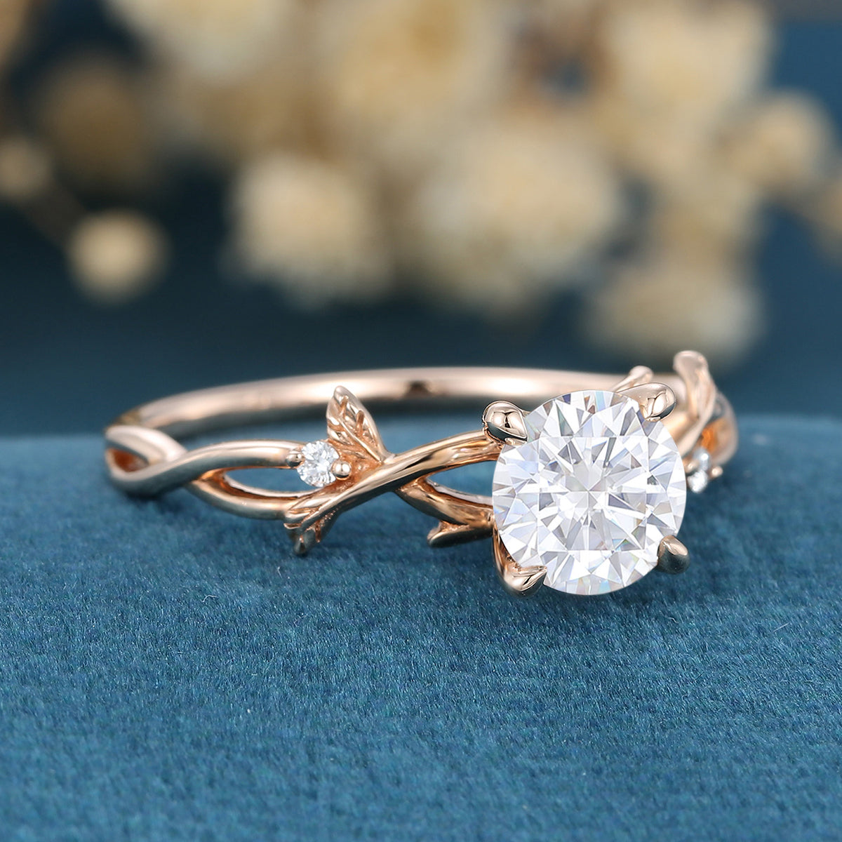 Nature Inspired Round cut Moissanite Leaf Gold Engagement Ring