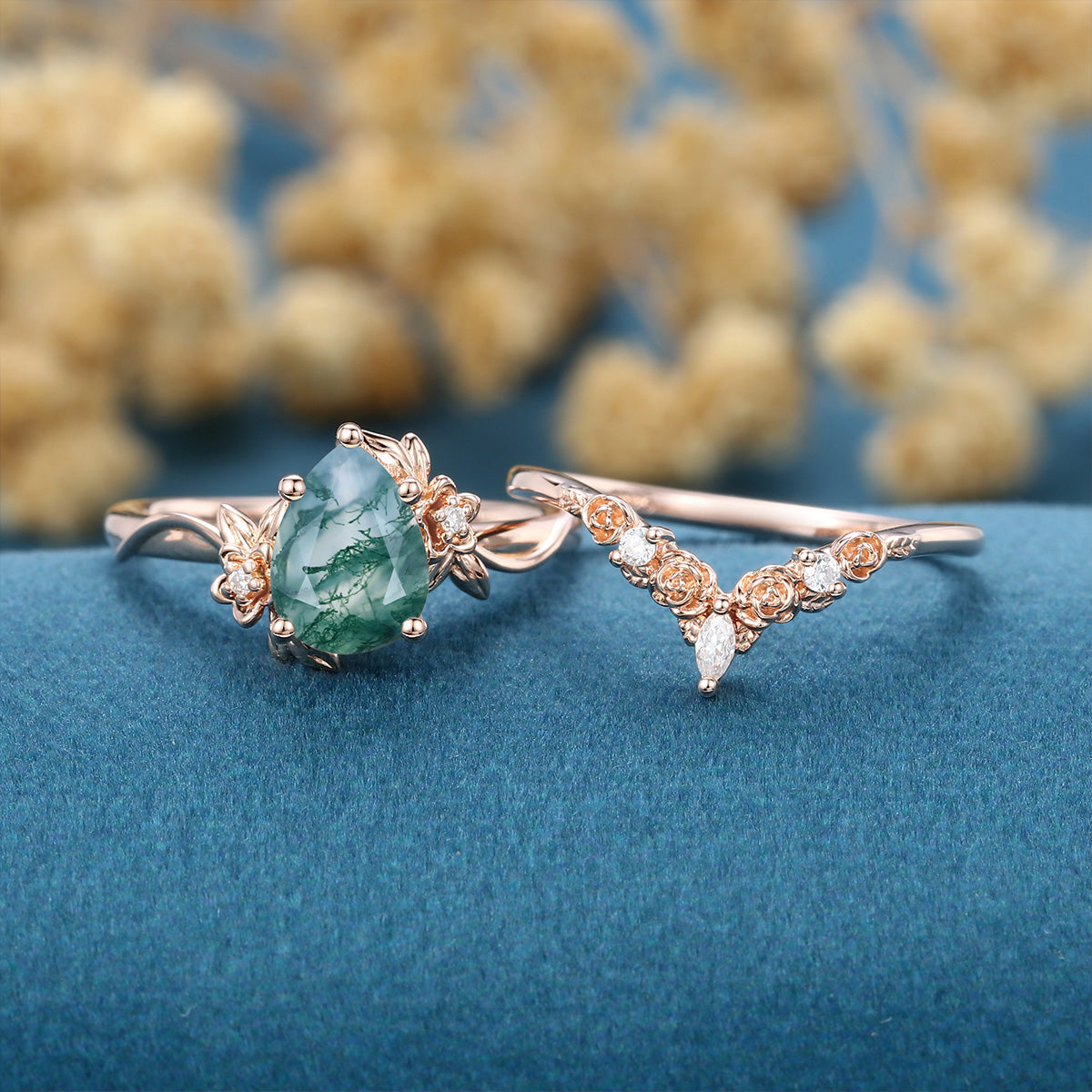 1.2Carat Pear Cut Moss Agate Cluster Engagement ring Bridal Set