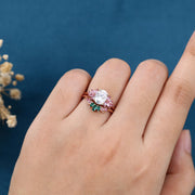 Oval cut Moissanite Matching Diamonds | Lab Grown Emerald |  Natural Pink Sapphires  Rose Gold Wedding Bridal Set