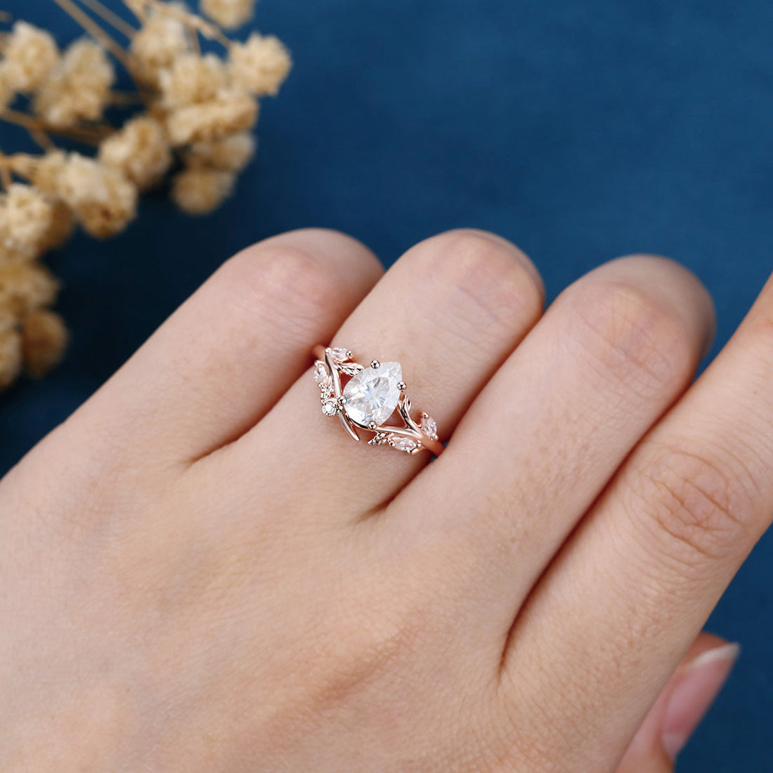 Nature Inspired Pear cut Moissanite Engagement Ring