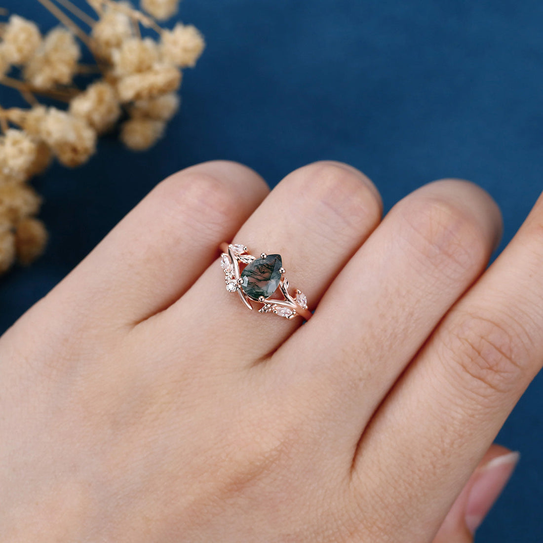 Nature Inspired Pear cut Moss agate Engagement Ring