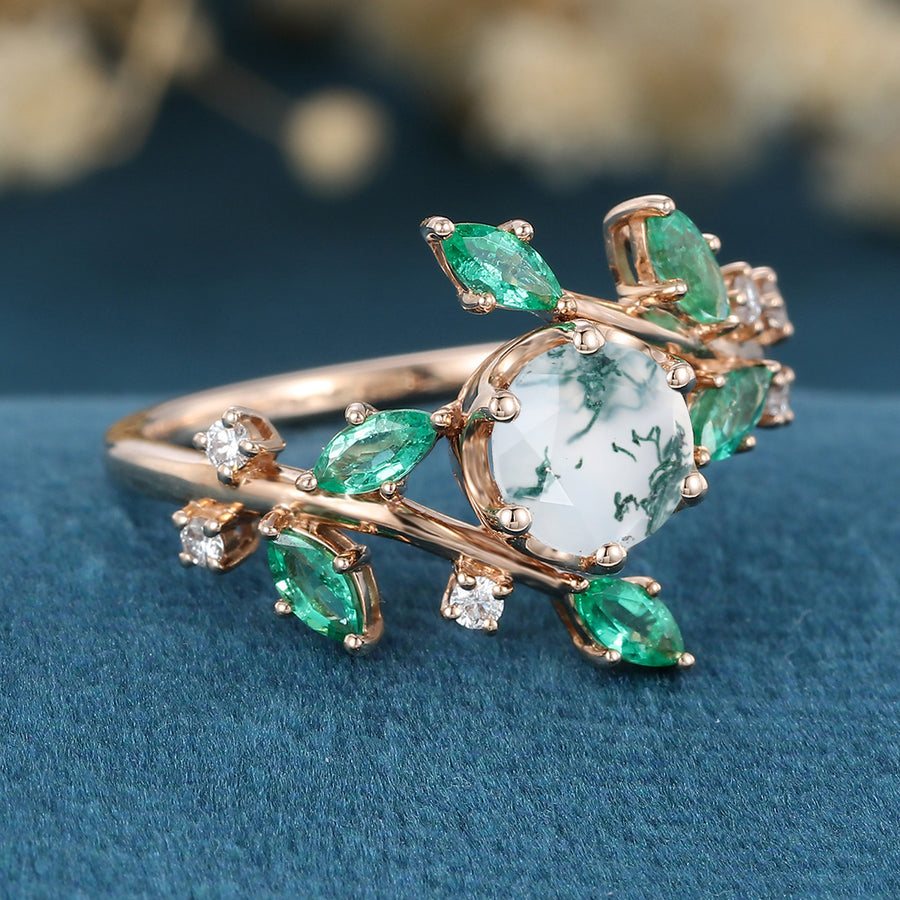 Nature Inspired Round cut Moissanite | Natural Emeralds Gold Engagement Ring