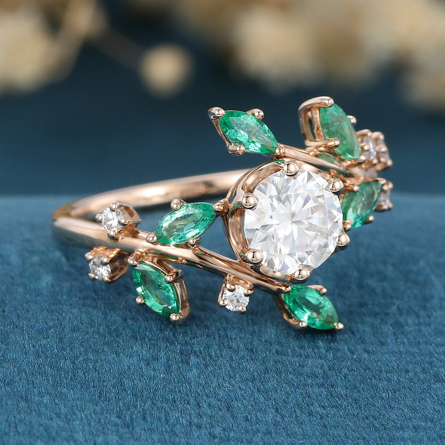 Copy of Nature Inspired Round cut Moissanite | Natural Emeralds Gold Engagement Ring