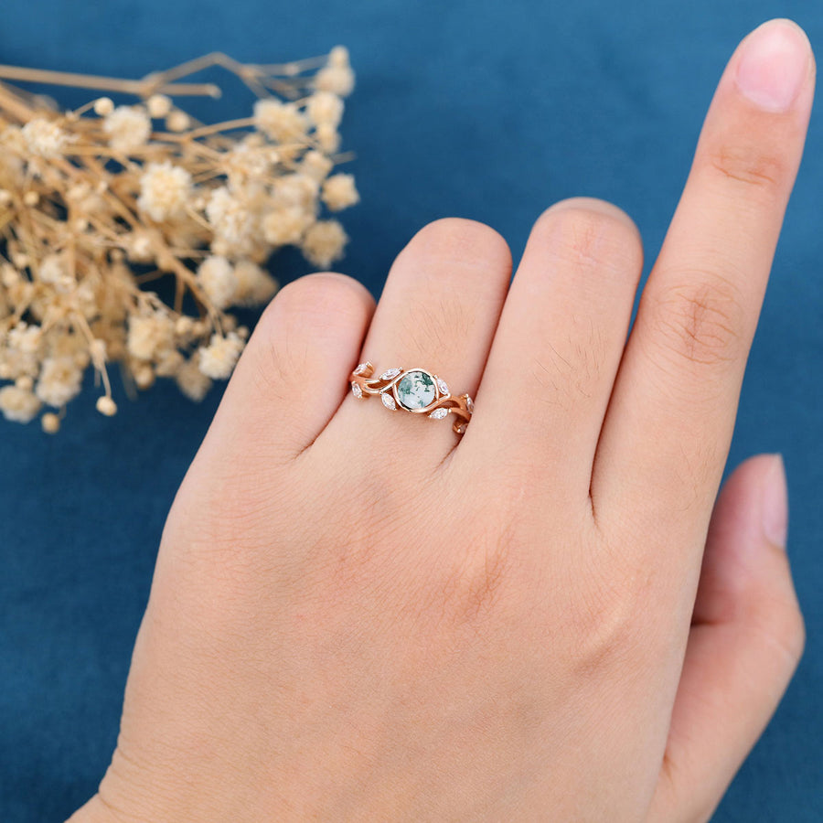 Nature Inspired Round cut Moss Agate Leaf Gold Engagement Ring