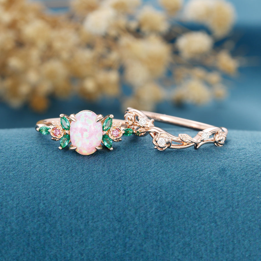 Oval cut  Lab Pink Opal Matching Lab Emeralds+ Pink Sapphire Rose Gold Engagement ring set