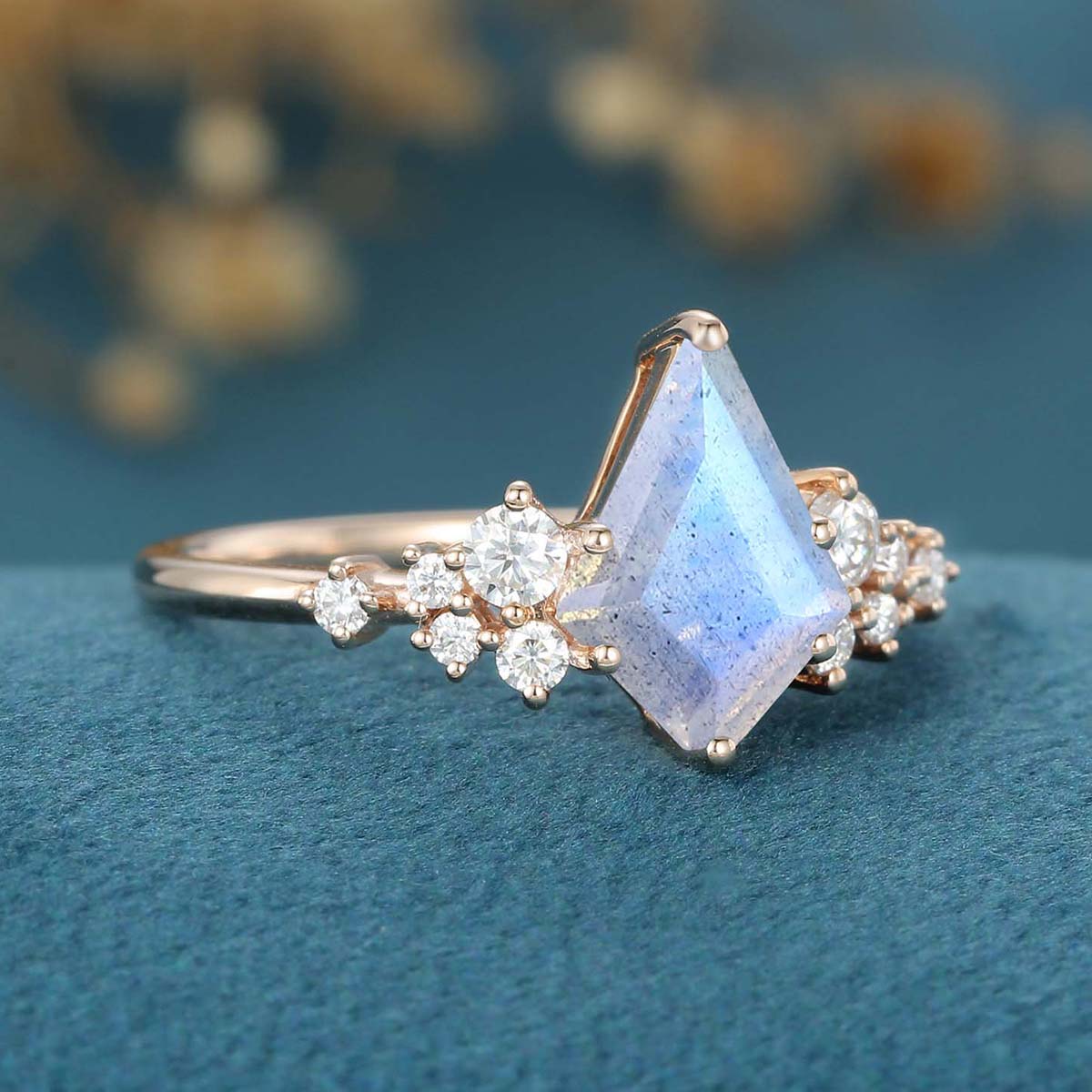 Kite Cut Labradorite Cluster Engagement Ring 