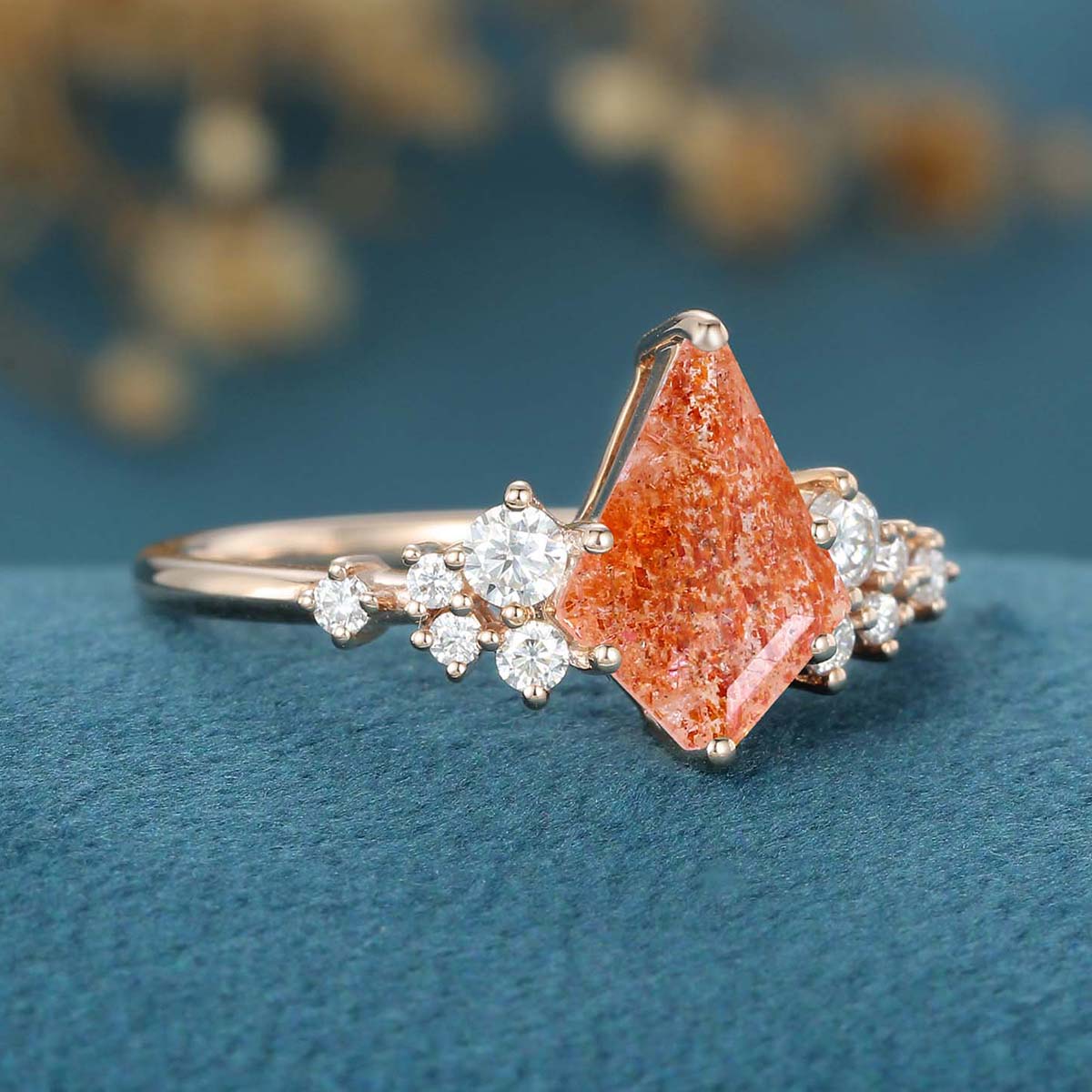 Kite Cut Sunstone Cluster Engagement Ring 