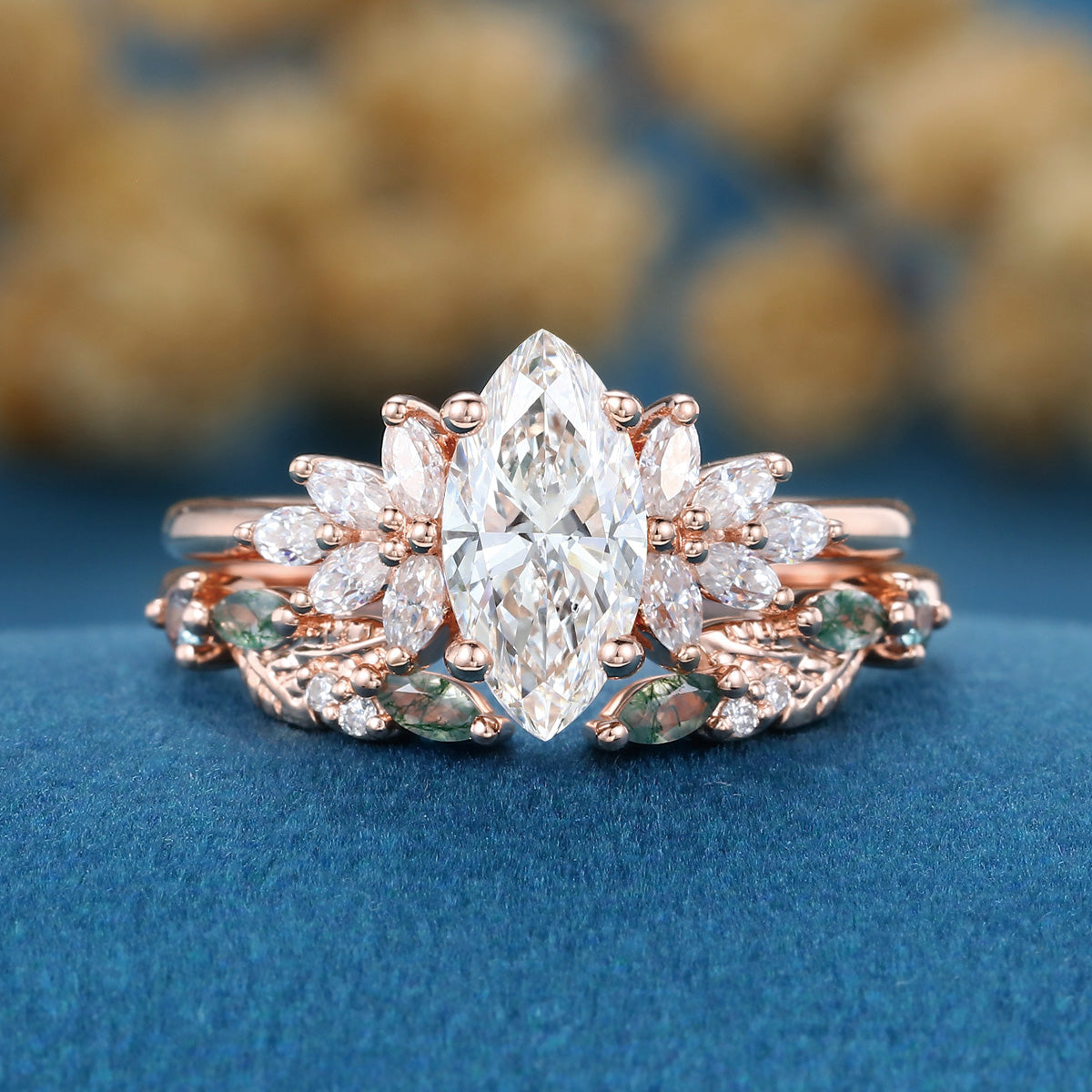 Marquise cut Lab grown Diamond  Engagement ring +Moss agate Wedding Bridal set