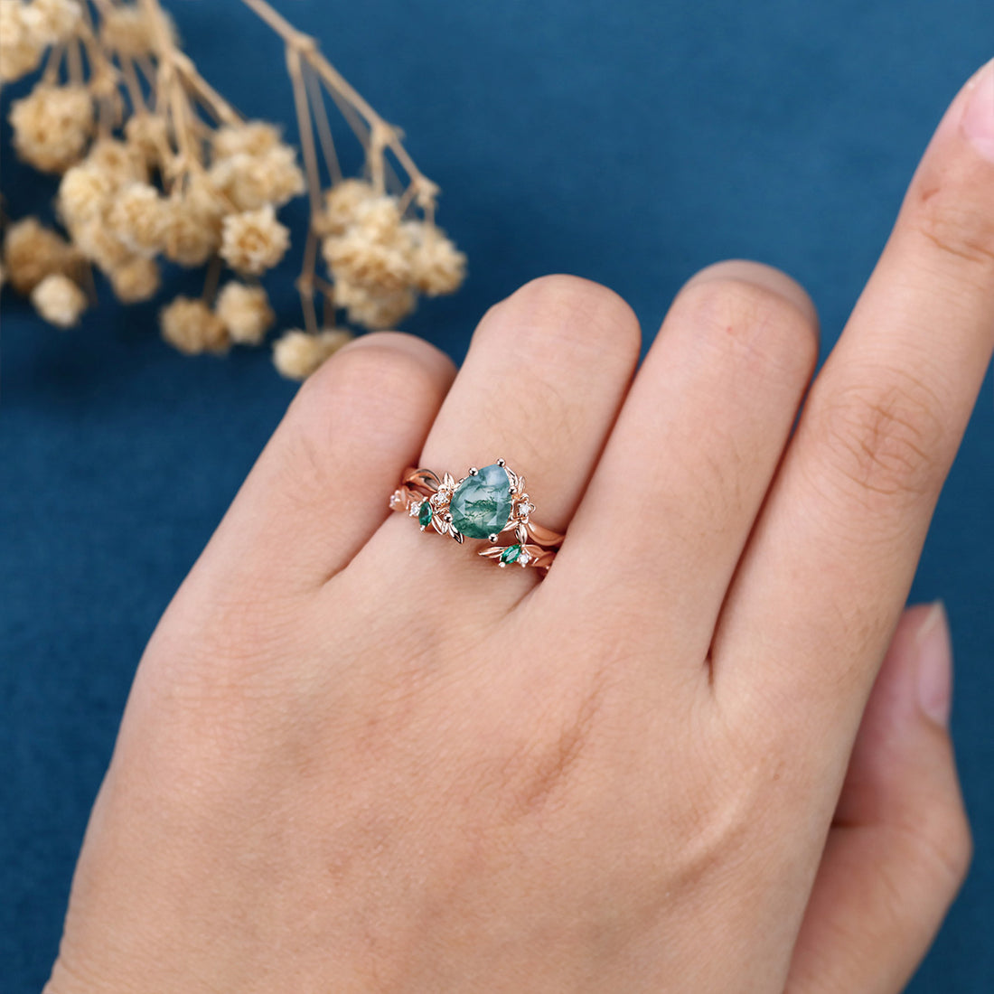 1.2Carat Pear Cut Moss Agate Cluster Engagement ring Bridal Set (Copy)