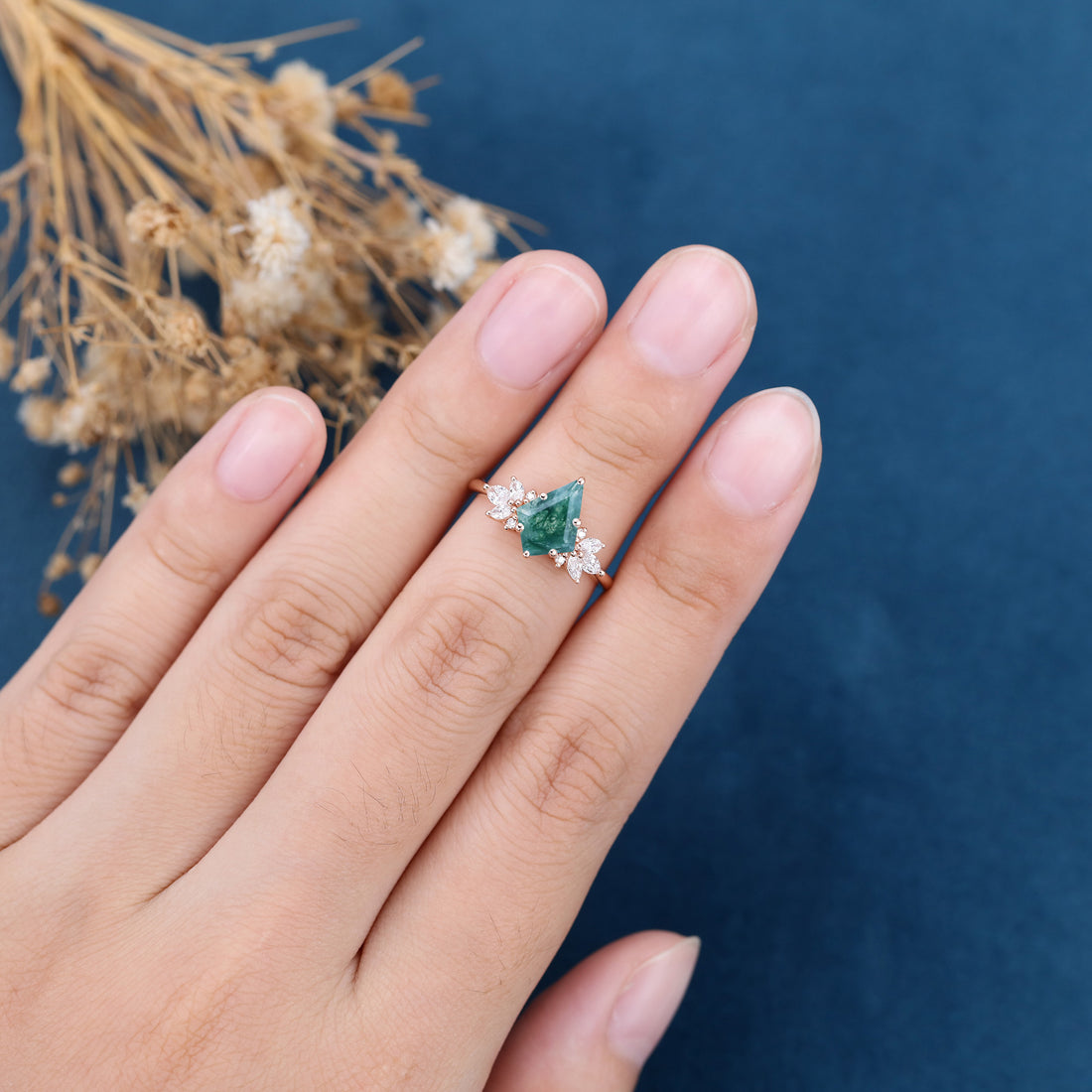 Kite Cut Natural Green Moss Agate Cluster Engagement Ring