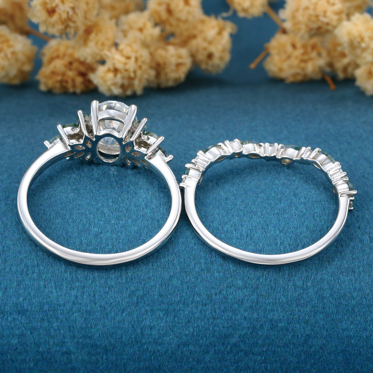 Oval cut Moissanite+ Opal Engagement ring Moss agate Wedding Bridal set (Copy)