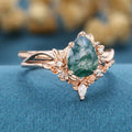 1.2Carat Pear Cut Moss Agate Cluster Engagement ring Bridal Set