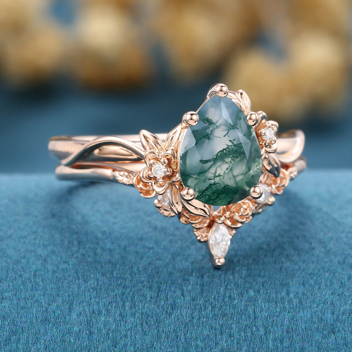 1.2Carat Pear Cut Moss Agate Cluster Engagement ring Bridal Set