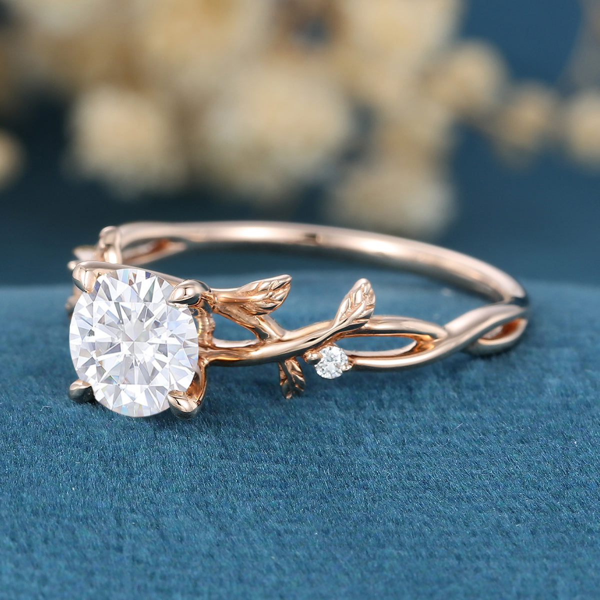 Nature Inspired Round cut Moissanite Leaf Gold Engagement Ring