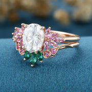 Oval cut Moissanite Matching Diamonds | Lab Grown Emerald |  Natural Pink Sapphires  Rose Gold Wedding Bridal Set