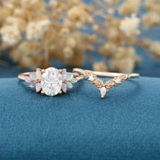 Oval Cut Moissanite+Opal Rose Gold Wedding Bridal set