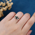 Pear cut Moss Agate + Lab Emerald Engagement Ring