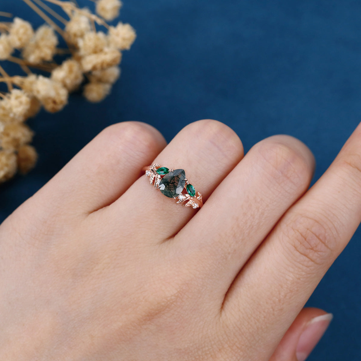 Pear cut Moss Agate + Lab Emerald Engagement Ring