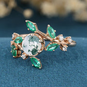 Nature Inspired Round cut Moissanite | Natural Emeralds Gold Engagement Ring