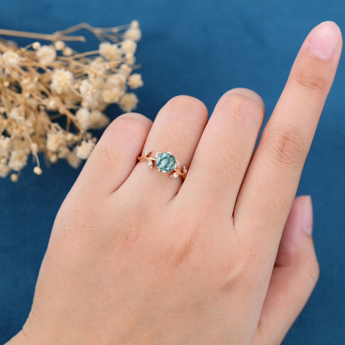 Nature Inspired Round cut Moss Agate Leaf Gold Engagement Ring