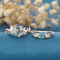 3.0Carat Oval Cut Moss Agate Rose gold leaf vine Marquise cut Moss+Moissanite Curve Wedding Band Set